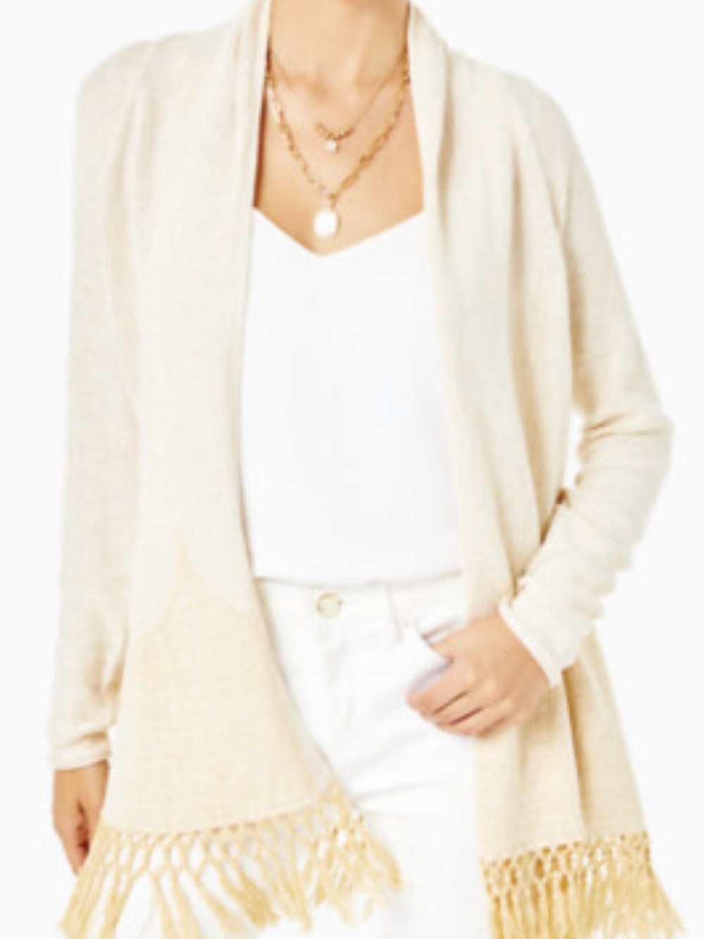 Lilly Pulitzer Cream Fringe Open-Front Cardigan
